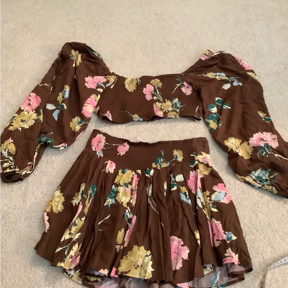 New Free People Dust Til Dawn Boho Brown Floral Long Sleeve Shorts Set Whimsy XS - Picture 16 of 16